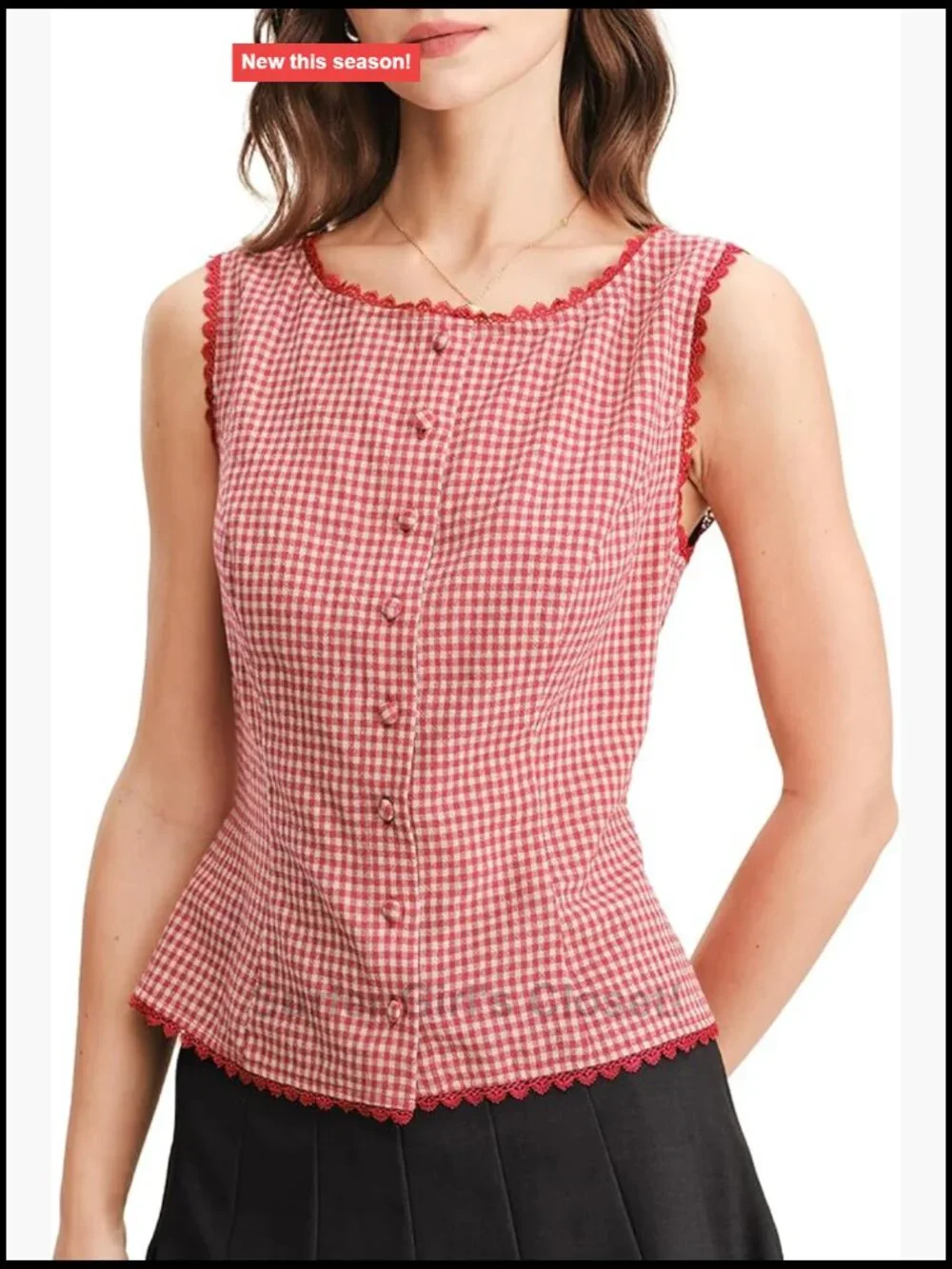 Women Plaid Button Tank Top Sleeveless Lace Trim Vest Blazer Waistcoat